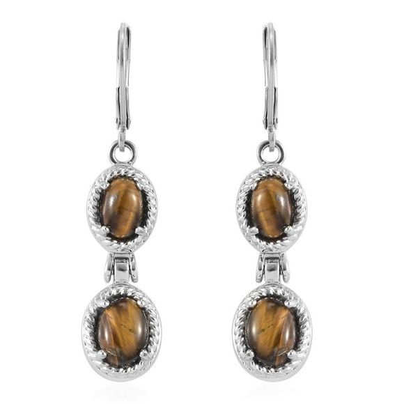 Jewelry - South African Tiger's Eye Dangle Earrings in Stainless Steel 4.60 ctw